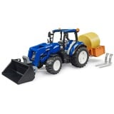 bruder BRUDER New Holland T5.120 con cargador frontal, caja de carga, horquillas y pacas redondas, Automóvil de construcción 