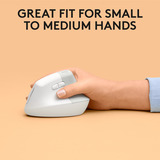 Logitech Lift for Mac, Ratón blanco, mano derecha, Diseño vertical, Óptico, RF Wireless + Bluetooth, 4000 DPI, Blanco