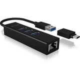 ICY BOX IB-HUB1419-LAN USB 3.2 Gen 1 (3.1 Gen 1) Type-A Negro, Hub USB negro, USB 3.2 Gen 1 (3.1 Gen 1) Type-A, 10,100,1000 Mbit/s, IEEE 802.1Q, IEEE 802.1p, IEEE 802.3, IEEE 802.3az, IEEE 802.3u, IEEE 802.3x, Negro, RJ-45, USB 3.2 Gen 1 (3.1 Gen 1) Type-A, Aluminio