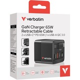 Verbatim GaN Charger 65W Universal Negro Corriente alterna Carga rápida Interior, Cargador negro, Interior, Corriente alterna, 20 V, 0,8 m, Negro