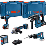 Bosch Set profesional 18V, 5 herramientas (GBH 18V-26, GSB 18V-65, GSA 18V-LI, GWS 18V-11, GLI 18V-1200 C), Kit de herramientas azul