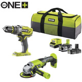 Ryobi ONE+ taladro atornillador a batería / juego de amoladora angular R18PDAG-242S, 18Volt, Kit de herramientas verde/Negro