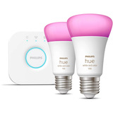 Philips Hue White & Color Ambiance Starter-Set: E27 lámpara inteligente A60 paquete doble, Lámpara LED 