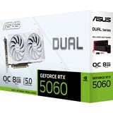 ASUS Dual -RTX5060-O8G-WHITE NVIDIA GeForce RTX 5060 8 GB GDDR7, Tarjeta gráfica blanco, GeForce RTX 5060, 8 GB, GDDR7, 128 bit, 7680 x 4320 Pixeles, PCI Express 5.0