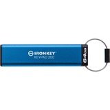 Kingston IronKey Keypad 200 de 64 GB, FIPS 140-3 nivel 3 cifrado AES-256, Lápiz USB FIPS 140-3 nivel 3 cifrado AES-256, 64 GB, USB tipo A, 3.2 Gen 1 (3.1 Gen 1), 145 MB/s, Funda, Azul