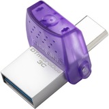 Kingston DataTraveler 256GB microDuo 3C 200MB/s dual USB-A + USB-C, Lápiz USB violeta/Transparente, 256 GB, USB Type-A / USB Type-C, 3.2 Gen 1 (3.1 Gen 1), 200 MB/s, Otro, Acero inoxidable, Púrpura