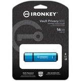 Kingston IronKey 16GB USB-C Vault Privacy 50C cifrado AES-256, FIPS 197, Lápiz USB celeste/Negro, FIPS 197, 16 GB, USB Tipo C, 3.2 Gen 1 (3.1 Gen 1), 250 MB/s, Tapa, Negro, Azul