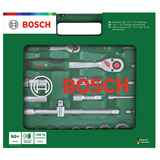 Bosch Juego de carraca de 1/4" + 1/2" con llaves de vaso, 60 piezas, Llave de tubo verde