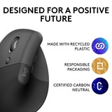 Logitech Lift Ratones, Ratón grafito/Negro, Izquierda, Diseño vertical, Óptico, RF Wireless + Bluetooth, 4000 DPI, Grafito