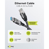 goobay Cable Ethernet USB-A 3.2 Gen1 conector > conector RJ-45, Adaptador de red negro/Plateado