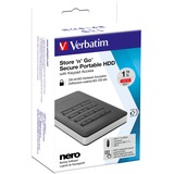 Verbatim Disco duro portátil y seguro Store n Go de 1 TB con teclado, Unidad de disco duro negro/Plateado, 1000 GB, Negro, Plata