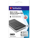 Verbatim Disco duro portátil y seguro Store n Go de 1 TB con teclado, Unidad de disco duro negro/Plateado, 1000 GB, Negro, Plata