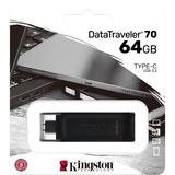 Kingston DataTraveler 64GB USB-C 3.2 Gen 1 70, Lápiz USB negro, 64 GB, USB Tipo C, 3.2 Gen 1 (3.1 Gen 1), Tapa, 7 g, Negro