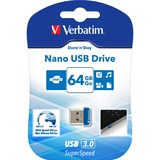 Verbatim Store 'n' Stay NANO - Unidad USB 3.0 de 64 GB - Azul, Lápiz USB azul, 64 GB, USB tipo A, 3.2 Gen 1 (3.1 Gen 1), Tapa, 3 g, Azul