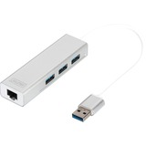 Digitus Adaptador LAN Gigabit y concentrador USB 3.0 de 3 puertos, Hub USB blanco, USB 3.2 Gen 1 (3.1 Gen 1) Type-A, USB 3.2 Gen 1 (3.1 Gen 1) Type-A, 1000 Mbit/s, Plata, Blanco, Aluminio, 0,2 m