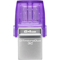 Kingston DataTraveler 64GB microDuo 3C 200MB/s dual USB-A + USB-C, Lápiz USB violeta/Transparente, 64 GB, USB Type-A / USB Type-C, 3.2 Gen 1 (3.1 Gen 1), 200 MB/s, Otro, Púrpura, Acero inoxidable
