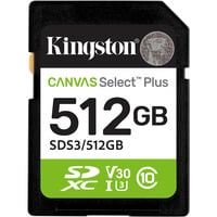 Kingston 512 GB SDXC Canvas Select Plus Gen3 150 MB/s C10 UHS-I U3 V30, Tarjeta de memoria 512 GB, SD, Clase 10, UHS-I, 150 MB/s, Class 3 (U3)