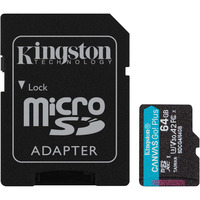 Kingston Tarjeta microSDXC Canvas Go Plus Gen4 de 64 GB, 200 MB/s, A2 U3 V30 y adaptador, Tarjeta de memoria negro, 200 MB/s, A2 U3 V30 y adaptador, 64 GB, MicroSD, Clase 10, UHS-I, 200 MB/s, 100 MB/s