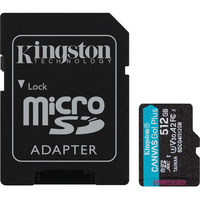 Kingston Tarjeta microSDXC Canvas Go Plus Gen4 de 512 GB, 200 MB/s, A2 U3 V30 y adaptador, Tarjeta de memoria negro, 200 MB/s, A2 U3 V30 y adaptador, 512 GB, MicroSD, Clase 10, UHS-I, 200 MB/s, 160 MB/s