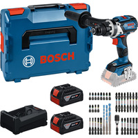Bosch Juego de herramientas: taladro atornillador inalámbrico 18 voltios 110 Nm con 2 baterías de 5,0 Ah, cargador y juego de puntas, Kit de herramientas en caja