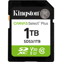Kingston 1 TB SDXC Canvas Select Plus Gen3 150 MB/s C10 UHS-I U3 V30, Tarjeta de memoria 1 TB, SD, Clase 10, UHS-I, 150 MB/s, Class 3 (U3)