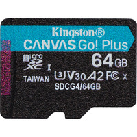 Kingston 64GB microSDXC Canvas Go Plus Gen4 200R A2 U3 Paquete individual sin ADP, Tarjeta de memoria negro, 64 GB, MicroSD, Clase 10, UHS-I, 200 MB/s, 100 MB/s