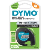 Dymo LT etiquetas metálicas auténticas | Negro sobre plata | 12 mm x 4m | para las etiquetadoras LetraTag | autoadhesivo, Cinta de escritura Negro sobre metálico, Poliéster, Bélgica, DYMO, LetraTag 100T, LetraTag 100H, 1,2 cm