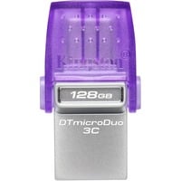 Kingston DataTraveler 128GB microDuo 3C 200MB/s dual USB-A + USB-C, Lápiz USB violeta/Transparente, 128 GB, USB Type-A / USB Type-C, 3.2 Gen 1 (3.1 Gen 1), 200 MB/s, Otro, Acero inoxidable, Púrpura