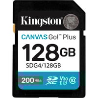 Kingston Canvas Go! Plus 128GB SDXC Canvas Go Plus Gen4 200MB/s C10 UHS-I U3 V30, Tarjeta de memoria negro, 128 GB, SDXC, Clase 10, UHS-I, 200 MB/s, 100 MB/s