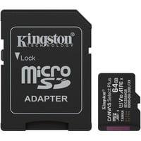 Kingston 64GB microSDXC Canvas Select Plus Gen3 100MB/s A1 (Incluye adaptador de SD), Tarjeta de memoria negro, 64 GB, MicroSDXC, Clase 10, UHS-I, 100 MB/s, Class 1 (U1)