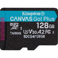 Kingston 128GB microSDXC Canvas Go Plus Gen4 200R A2 U3 Paquete individual sin ADP, Tarjeta de memoria negro, 128 GB, MicroSD, Clase 10, UHS-I, 200 MB/s, 100 MB/s