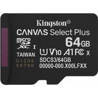 Kingston 64GB micSDXC Canvas Select Plus Gen3 100R A1 (Adaptador de SD no incluido), Tarjeta de memoria negro, 64 GB, MicroSDXC, Clase 10, UHS-I, 100 MB/s, Class 1 (U1)