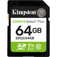 Kingston 64 GB SDXC Canvas Select Plus Gen3 100 MB/s C10 UHS-I U1 V10, Tarjeta de memoria 64 GB, SD, Clase 10, UHS-I, 100 MB/s, Class 1 (U1)