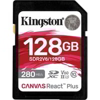 Kingston 128GB Canvas React Plus SDXC UHS-II 280R/100W U3 V60 for Full HD/4K, Tarjeta de memoria negro, 128 GB, SDXC, Clase 10, UHS-II, 280 MB/s, 100 MB/s