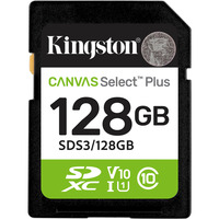 Kingston 128 GB SDXC Canvas Select Plus Gen3 150 MB/s C10 UHS-I U1 V10, Tarjeta de memoria 128 GB, SD, Clase 10, UHS-I, 150 MB/s, Class 1 (U1)