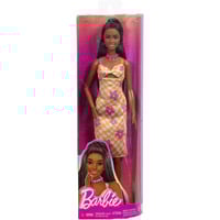 Mattel Muñeca Barbie Fashionista con vestido de cuadros rosa anaranjado, Muñecos 