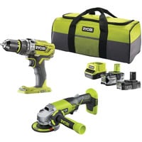Ryobi ONE+ taladro atornillador a batería / juego de amoladora angular R18PDAG-242S, 18Volt, Kit de herramientas verde/Negro