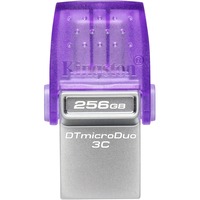 Kingston DataTraveler 256GB microDuo 3C 200MB/s dual USB-A + USB-C, Lápiz USB violeta/Transparente, 256 GB, USB Type-A / USB Type-C, 3.2 Gen 1 (3.1 Gen 1), 200 MB/s, Otro, Acero inoxidable, Púrpura