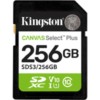 Kingston 256 GB SDXC Canvas Select Plus Gen3 150 MB/s C10 UHS-I U1 V10, Tarjeta de memoria 256 GB, SD, Clase 10, UHS-I, 150 MB/s, Class 1 (U1)