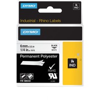 Dymo Rhino Etiquetas industriales permanentes de poliéster | 6 mm x 5,5 m | Impresión en negro sobre blanco | Autoadhesivas | Para rotuladoras Rhino y LabelManager, Cinta de escritura 5 m | Impresión en negro sobre blanco | Autoadhesivas | Para rotuladoras Rhino y LabelManager, Negro sobre blanco, Multicolor, Poliéster, -40 - 150 °C, UL 969, DYMO